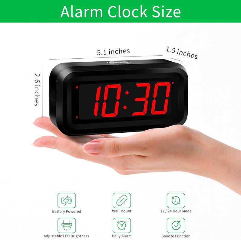 KWANWA Alarm Clock  LED Digital Clock  Small Wall Clock  Battery Operated  Adjustable 3-Level Led Brightness  Dim Night Mode  12/24Hr  Cordless  Constantly 1.2'' Digits Display for Bedroom/Travel Easy to Set - Image 2